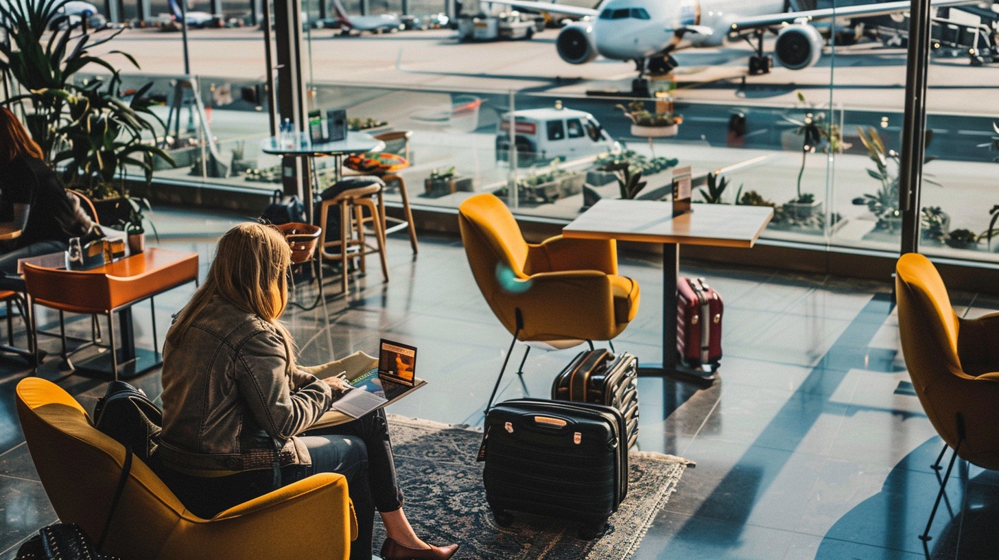 Traveler waiting in an airport lounge before departure