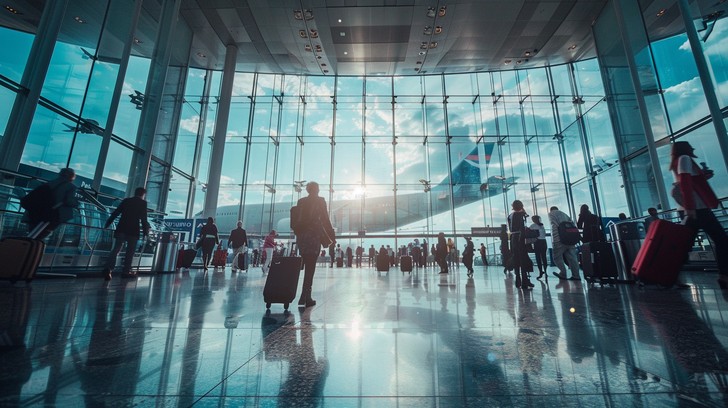 Airport travel scene for low-cost flights and city breaks